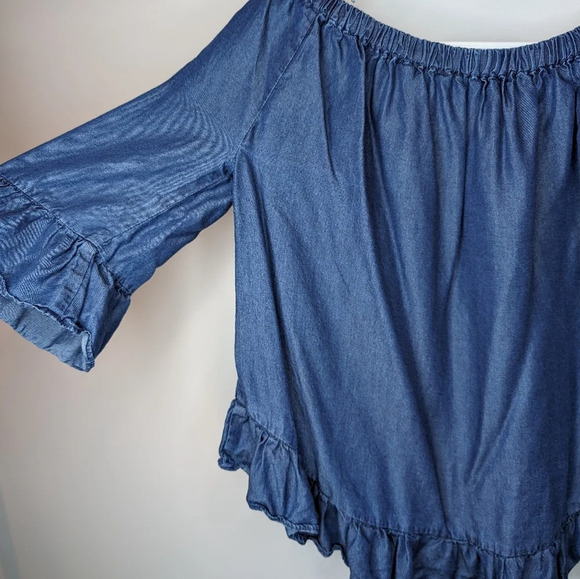 Jane & Delancey Blue Denim Style Off The Shoulder Top Ruffle Sleeve Women Medium - Picture 3 of 9